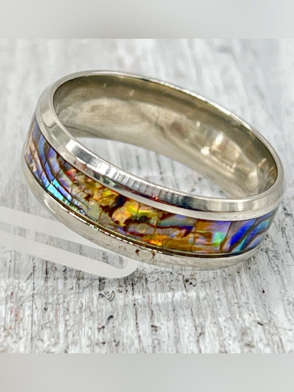 361. Silver Stainless Steel Abalone Inlay Men’s Ring - Iridescent - Sz 13.25
